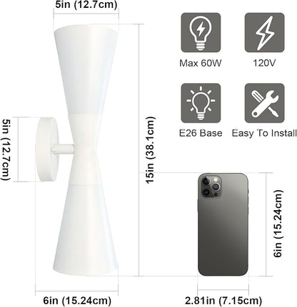 Modern Indoor Wall Sconces Set of 2 Up and Down White Wall Sconces Mid Century Indoor Wall Light Fixture Hardwired Wall Mounted Lamp for Living Room Bathroom Bedroom Hallway 15 Inch