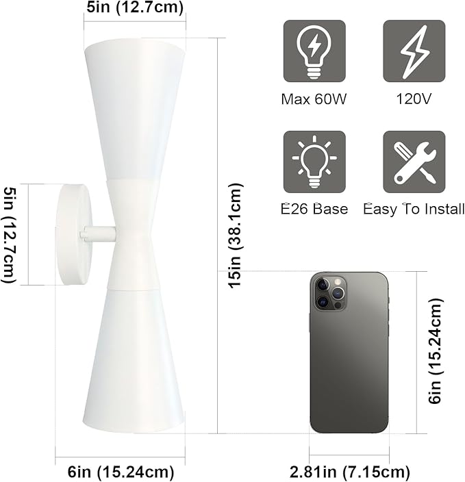 Modern Indoor Wall Sconce Up and Down White Wall Sconce Mid Century Indoor Wall Light Fixture Hardwired Wall Mounted Lamp for Living Room Bathroom Bedroom Hallway 15 Inch