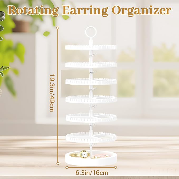MODOWEY 6 Tier Rotating Earring Holder Organizer Display Tree with Wooden Tray, Adjustable Plastic Stand with 342 Slots for Stud Hoop Hanger, Large Capacity Storage Rack for Women Space Saving, White
