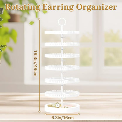 MODOWEY 6 Tier Rotating Earring Holder Organizer Display Tree with Wooden Tray, Adjustable Plastic Stand with 342 Slots for Stud Hoop Hanger, Large Capacity Storage Rack for Women Space Saving, White
