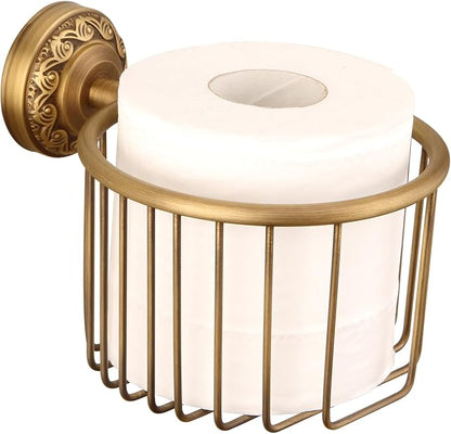 Vintage Wall-Mounted Toilet Paper Holder with Wire Basket Design, Antique Brass, Wall-Mounted Bath Hand Towel Holder with Braiding Carvings, Vintage Style.
