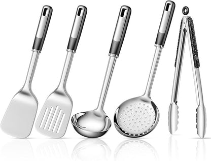 5-Piece Stainless Cooking Utensils,Heavy-Duty Thickened Cooking Utensils,Kitchen Tools Include Solid & Slotted Spatula,Soup Ladle,Egg Whisk,Tongs,Skimmers