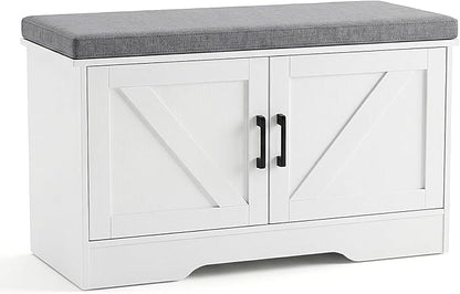DUMOS Shoe Storage Bench, 28" Wide Shoe Organizer Cabinet with Padded Seat Cushion, 2 Doors, Adjustable Shelf for Entryway, Hallway, Bedroom, Living Room, White