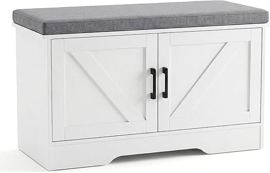 DUMOS Shoe Storage Bench, 28" Wide Shoe Organizer Cabinet with Padded Seat Cushion, 2 Doors, Adjustable Shelf for Entryway, Hallway, Bedroom, Living Room, White