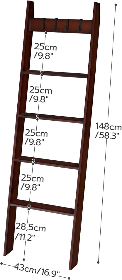 HOOBRO Blanket Ladder for Living Room and Bedroom, 5-Tier Wall Leaning Towel Rack for Bathroom, Decorative Ladder Shelf with 4 Removable Hooks, Farmhouse Blanket Storage, Brown BR51CJ01G1
