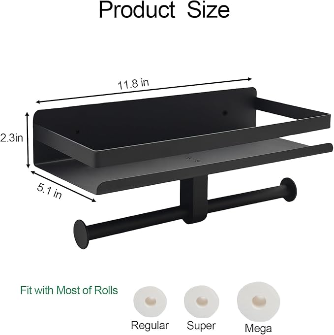 Matte Black Toilet Paper Holder with Shelf Wall Mounted,Stainless Steel Double TP Roll Tissue Holder for Bathroom(1, Matte Black)