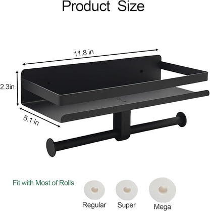 Matte Black Toilet Paper Holder with Shelf Wall Mounted,Stainless Steel Double TP Roll Tissue Holder for Bathroom(1, Matte Black)