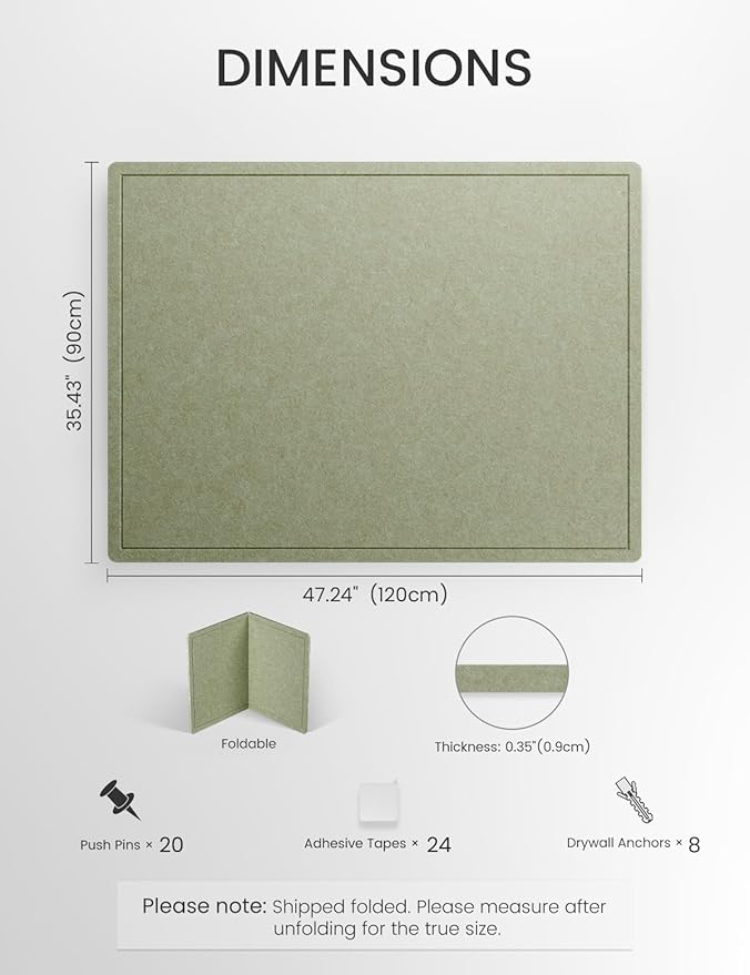 Fluxynara Large Bulletin Board, 47.2" x 35.4" Cork Board Alternative with 24 Safe Removable Adhesive Tabs, Foldable Felt Pin Board for Home Office, Classroom, Bedroom,Entryway for Walls— Sage