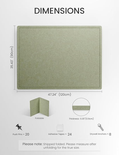 Fluxynara Large Bulletin Board, 47.2" x 35.4" Cork Board Alternative with 24 Safe Removable Adhesive Tabs, Foldable Felt Pin Board for Home Office, Classroom, Bedroom,Entryway for Walls— Sage