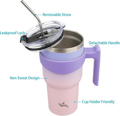 30 oz Tumbler with Handle and 2 Straw 2 Lid, Insulated Water Bottle Stainless Steel Vacuum Cup Reusable Travel Mug,Pastel Sunset