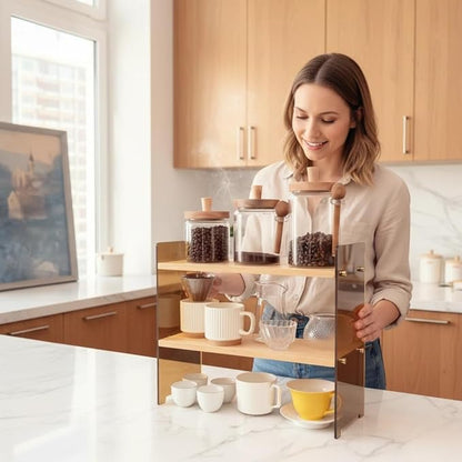 Coffee Station Organizer 2 Tier, Solid Wood Mug Shelffor Coffee Bar,Matcha Station,Tea Storage - Holds Mugs,Beans,Syrup,Cups,Tirrers (Yellowish-Brown, 15.4" L x 5.7" W x 13.4" H)