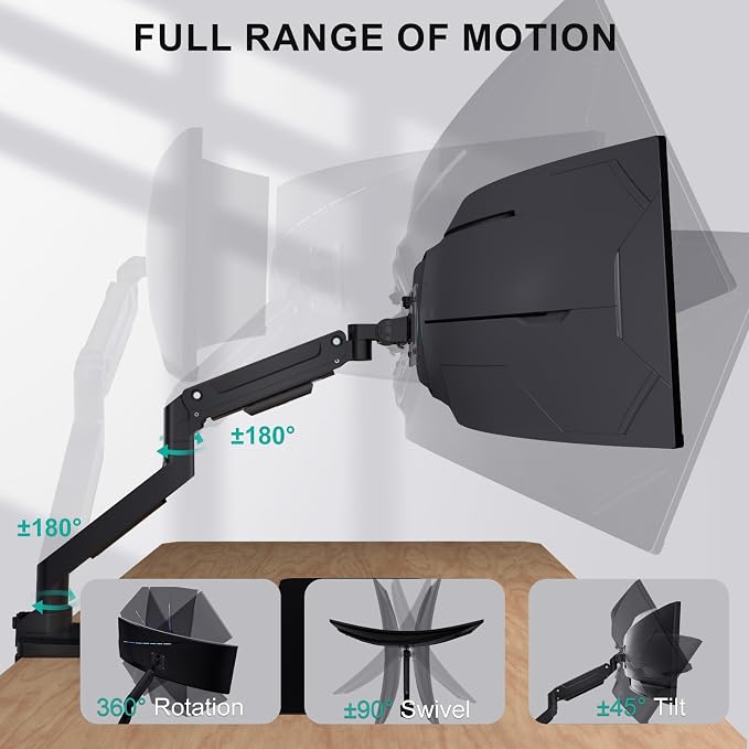 WALI Heavy Duty Single Monitor Arm for 13-49 inch 1000R Curved Screens, up to 44 Lbs, Adjustable Single Monitor Desk Mount with C-Clamp, Grommet Base, 75/100mm VESA Mount (GSM001XL), Black