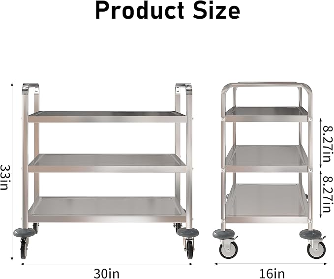 uyoyous 3-Tier Stainless Steel Utility Cart, 360° Rotation Wheels & 400 lbs Capacity, Commercial Serving Cart for Kitchen Hotel Restaurant Home, 30" L x 16" W x 33" H
