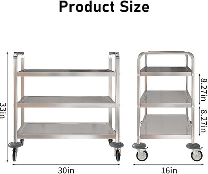 uyoyous 3-Tier Stainless Steel Utility Cart, 360° Rotation Wheels & 400 lbs Capacity, Commercial Serving Cart for Kitchen Hotel Restaurant Home, 30" L x 16" W x 33" H