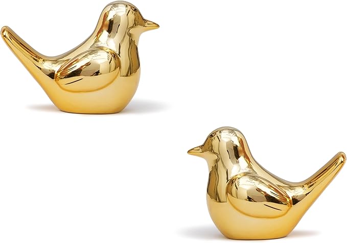 Artconal Small Gold Bird Statue Ceramic 2-Piece Set, 2¾ inch Cute Knick Knack for Home Office Shelf Desk Decor