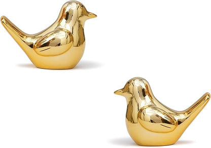 Artconal Small Gold Bird Statue Ceramic 2-Piece Set, 2¾ inch Cute Knick Knack for Home Office Shelf Desk Decor