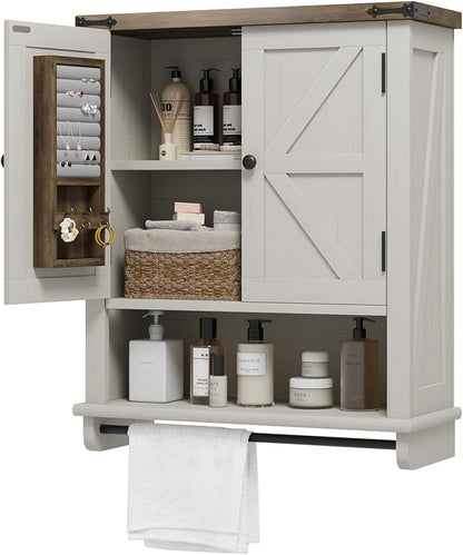 QUW Farmhouse Bathroom Wall Cabinet, Modern Medicine Cabinets with Towel Bar & Jewelry Holder, Over The Toilet Storage Cabinet with Barn Door for Laundry, Living Room, Hallway, Antique White