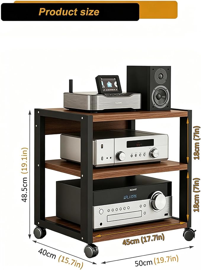 3 Tier AV Media Stand, Audio Rack Tower Stereo Components Cabinet, Home Theatre CD Record Player Stereo Receiver Equipment Rack with Adjustable Wood Shelves, Load 220lbs (Walnut Brown)