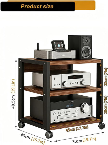3 Tier AV Media Stand, Audio Rack Tower Stereo Components Cabinet, Home Theatre CD Record Player Stereo Receiver Equipment Rack with Adjustable Wood Shelves, Load 220lbs (Walnut Brown)