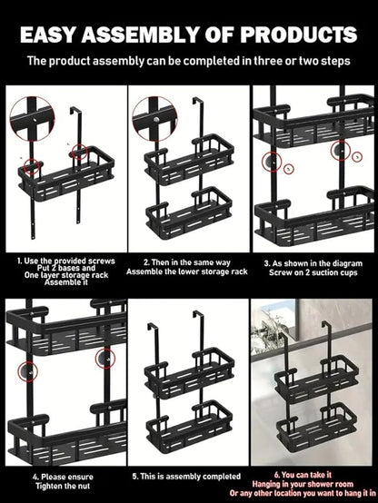 Over Door Shower Caddy, Black Rustproof Bathroom Organizer, 2-Tier Storage Rack, 11.81x5.31 Inch Shelves, No Drilling Required