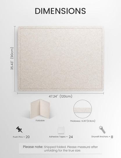 Fluxynara Large Bulletin Board, 47.2" x 35.4" Cork Board Alternative with 24 Safe Removable Adhesive Tabs, Foldable Felt Pin Board for Home Office, Classroom, Bedroom,Entryway for Walls— Oatmeal