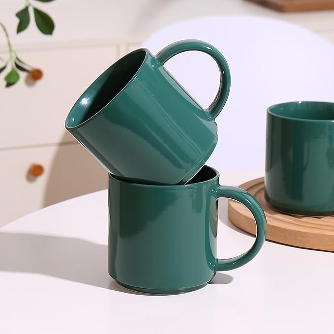 Coffee Mugs Set of 4, Stoneware Coffee Cups with Comfortable Handle, 16oz Ceramic Mugs for Kitchen & Office, Dishwasher & Microwave Safe - Green