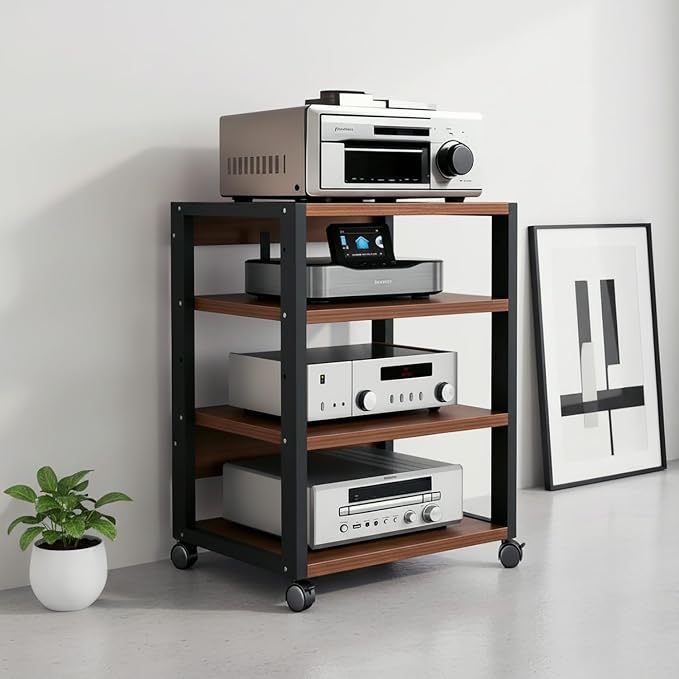 4 Tier AV Media Stand, Audio Rack Tower Stereo Components Cabinet, Home Theatre CD Record Player Stereo Receiver Equipment Rack with Adjustable Wood Shelves, Load 220lbs (Walnut Brown)