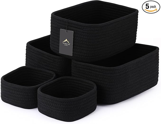 5-Pack Small Woven Rope Storage Baskets – 2 Sizes Organizer Bins for Closet, Shelf, Bookshelf, Nursery, Changing Table, Fabric Cube Boxes, Rectangular Shallow Bins for Bathroom, Toy & Home