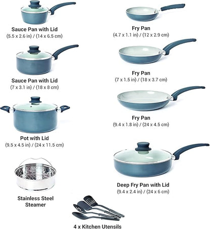 Mueller 16-Piece Nonstick Stone Cookware Set - PFOS/PFOA-Free, Stainless Steamer and Fry Pan, Vented Lids - Light Grey