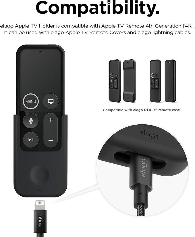 elago Universal Remote Holder Mount Compatible with Apple TV Remote and All Other Remote Controls - Adhesive Tape or Screw Mounting Options, Available Wired Charging [Small] [1st Gen] [Black]