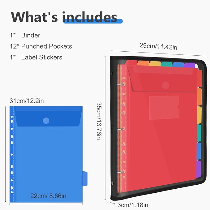 Uquelic Document Organizer, Soft PVC Binder with 12 Colorful Pockets - Zipper Binder 3 Ring with Dividers Letter Size (11'' x 8.5'')-Large Capacity Cute Folder for School, Office & Home Use (Black)