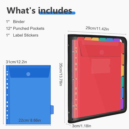 Uquelic Document Organizer, Soft PVC Binder with 12 Colorful Pockets - Zipper Binder 3 Ring with Dividers Letter Size (11'' x 8.5'')-Large Capacity Cute Folder for School, Office & Home Use (Black)