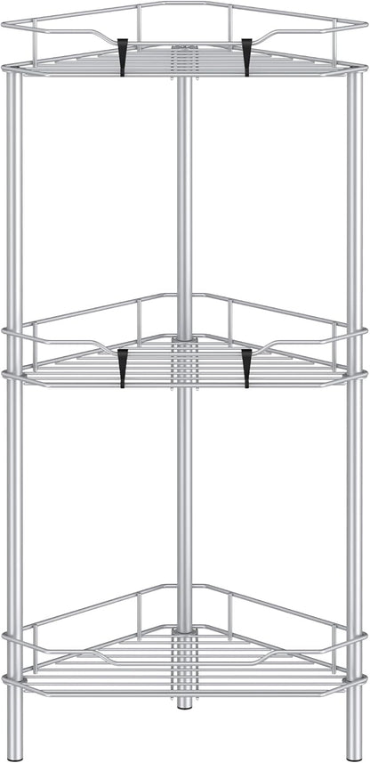 3 Tier Floor Standing Corner Shower Caddy Organizer Shelf with Hooks, Bathroom Shelves Stand Rack, Silver