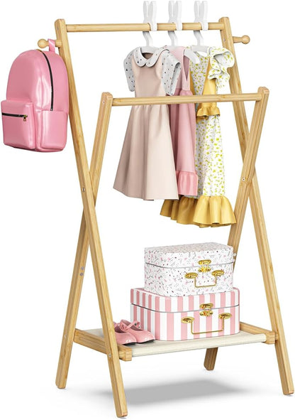 Kids Clothing Rack, Small Clothes Rack for Toddler Pets, Kids Dress Up Rack with Storage Shelf & Double Rods, Foldable Kids Clothes Rack for Nursery Child's Room (Small Size)