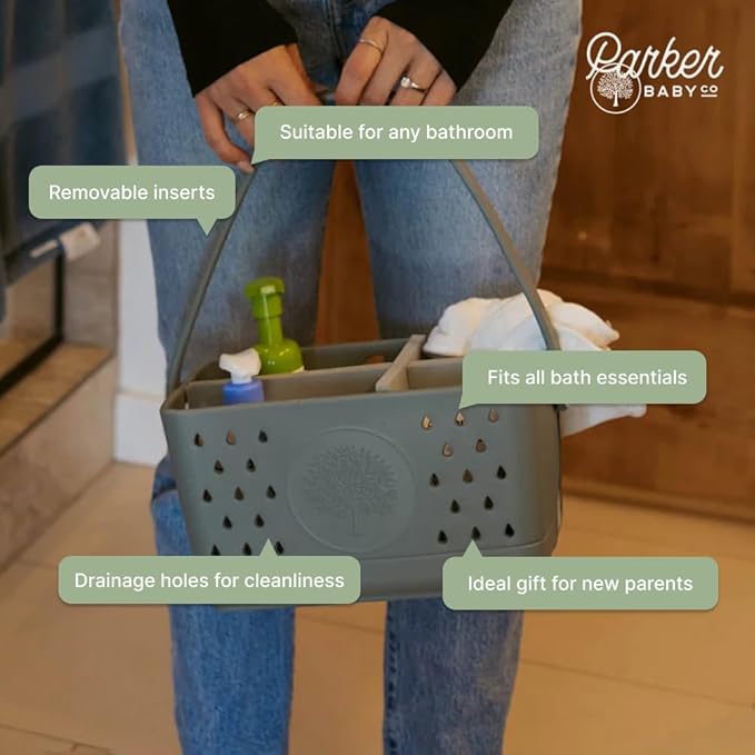 Parker Baby Bath Caddy | BPA Free & Food Grade Shower Caddy Organizer for Toys & Supplies | Quick-Dry, Sturdy & Perfect Size Shower Basket w/Handle in Neutral Colors