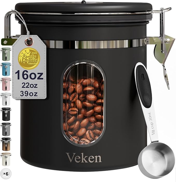 Veken Coffee Canister with Window, Family Choice Awards Winner, Airtight Stainless Steel Home Kitchen Food Storage Container with Lids for Grounds, Beans, Tea, Flour,Cereal,Sugar Jars,Scoop,16OZ,Black