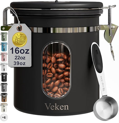 Veken Coffee Canister with Window, Family Choice Awards Winner, Airtight Stainless Steel Home Kitchen Food Storage Container with Lids for Grounds, Beans, Tea, Flour,Cereal,Sugar Jars,Scoop,16OZ,Black