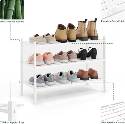 Smiry Bamboo Shoe Rack 3-Tier, Stackable Wooden Shoe Organizer for Entryway & Closet, Free Standing Wood Shoe Storage Shelf for Front Door & Small Spaces, White