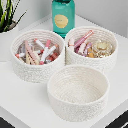 Small Basket, Set of 3 Small Woven Baskets, Cotton Rope Baskets for Organizing, Cute Mini Tiny Baskets for Nursery, Decorative Boho Round Storage Basket Bathroom Organization Bin