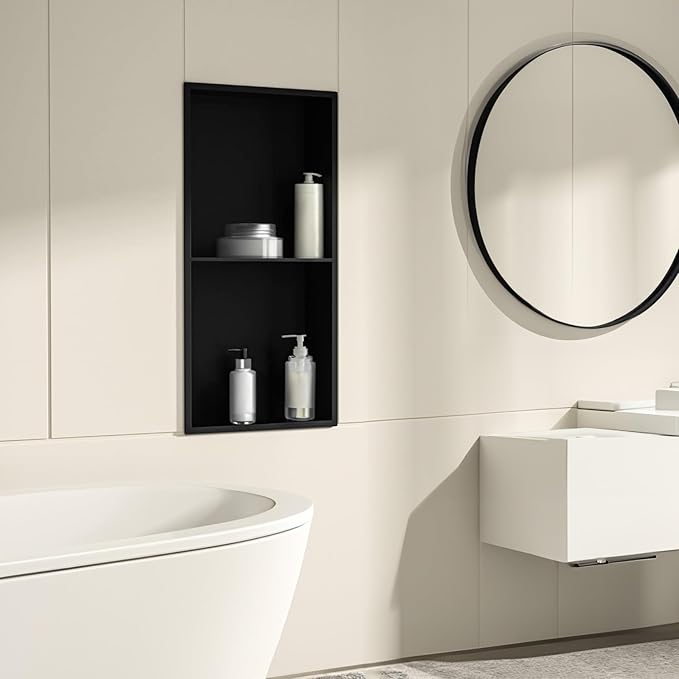 SaniteModar Shower Niche, Stainless Steel Shower Niche 12" X 24" No Tile Needed, Recessed Niche Shower for Bathroom Storage, Matte Black Double (Matte Black, 12x24,Double)