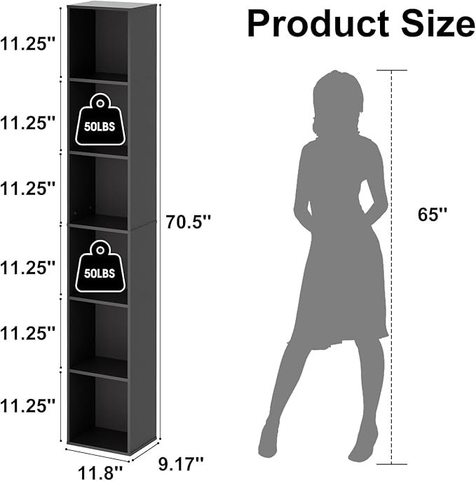 Tall Narrow Bookshelf 6-Tier Bookcase,70.5" Skinny Thin Corner Shelf Slim Storage Cabinet,Wood DVD CD Media Cube Organizer Tower Rack for Small Spaces, Bedroom, Living Room, Office,Black