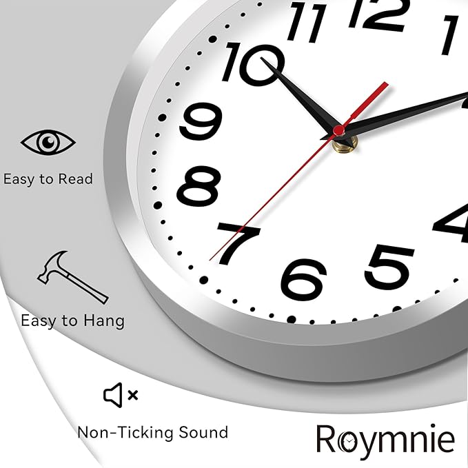 Roymnie Wall Clock Silent Non-Ticking Modern Clock Battery Operated 8 Inch Small Classic Analog Decorative for Kitchen, Bathroom, Office, Bedroom, Home(Silver)