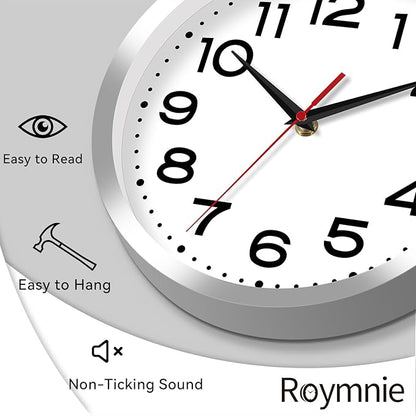 Roymnie Wall Clock Silent Non-Ticking Modern Clock Battery Operated 8 Inch Small Classic Analog Decorative for Kitchen, Bathroom, Office, Bedroom, Home(Silver)