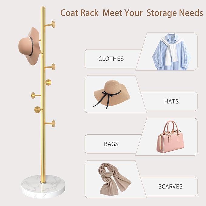 Modern Metal Coat Rack Stand, Coat Rack Freestanding with Natural Marble Base, Sturdy Heavy Duty Coat Racks with 8 Hooks, Golden Coat Hall Tree Stand for Entryway, Office