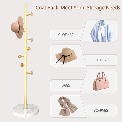 Modern Metal Coat Rack Stand, Coat Rack Freestanding with Natural Marble Base, Sturdy Heavy Duty Coat Racks with 8 Hooks, Golden Coat Hall Tree Stand for Entryway, Office