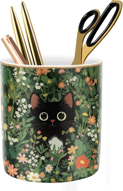 WAVEYU Pen Holder, Pencil Cup for Desk, Cute Makeup Brush Holder, Durable Ceramic Organizer Decor for Room, Office, Classroom, Cute Cat Pattern