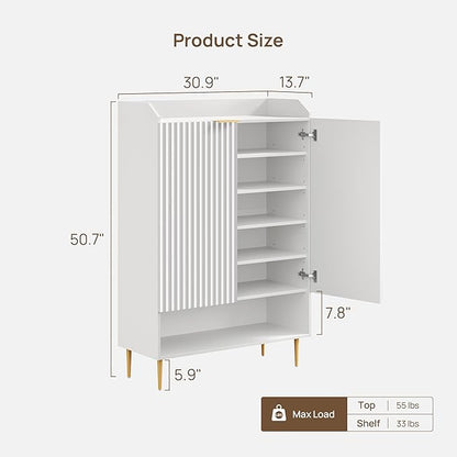 SICOTAS Fluted Shoe Cabinet - 50.7" Tall, 7-Tier Shoe Storage Cabinet with Adjustable Shelves & Doors, Modern Entryway Shoe Organizer for Hallway Front Door Closet, White