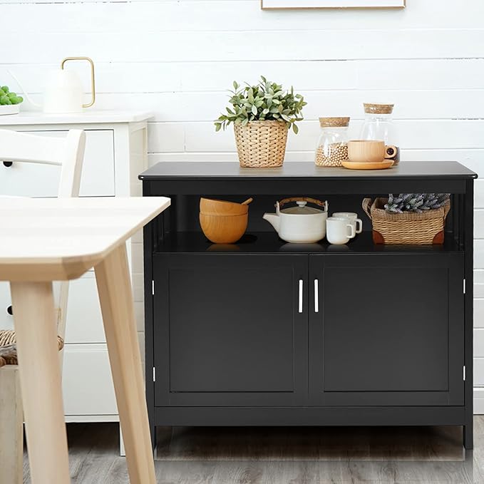 Giantex Kitchen Buffet Sideboard, Wooden Storage Server Cupboard Cabinet, Dining Room Living Room Bar Furniture 2-Door Console Table w/ 5-Position Adjustable Shelf & Open Shelf Drawer Cabinets (Black)