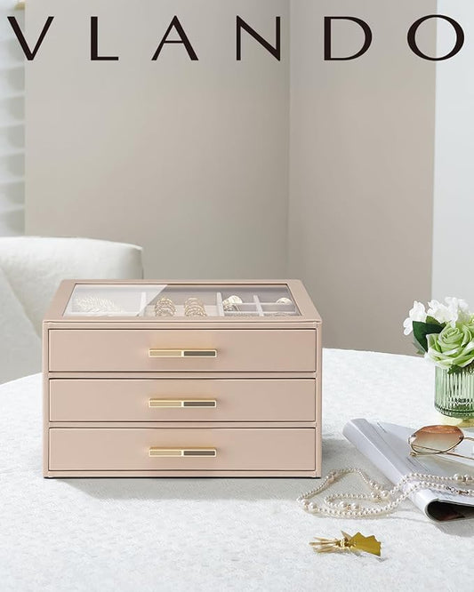 VLANDO Jewelry Box for Women, 3-Layer Jewelry Organizer with Drawers, Glass Lid Display Jewelry Storage, Soft PU Leather Exterior, Contrast Gold Metal Handles, Refined Style – Toffee