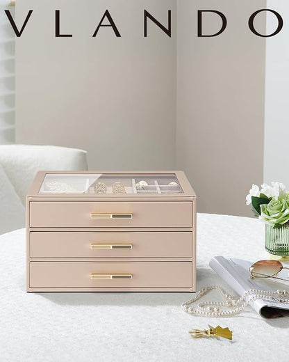 VLANDO 3 Layer Jewelry Box for Women, Glass Lid Jewelry Organizer with 3 Drawers for Necklaces Rings Earrings Bracelets - Toffee